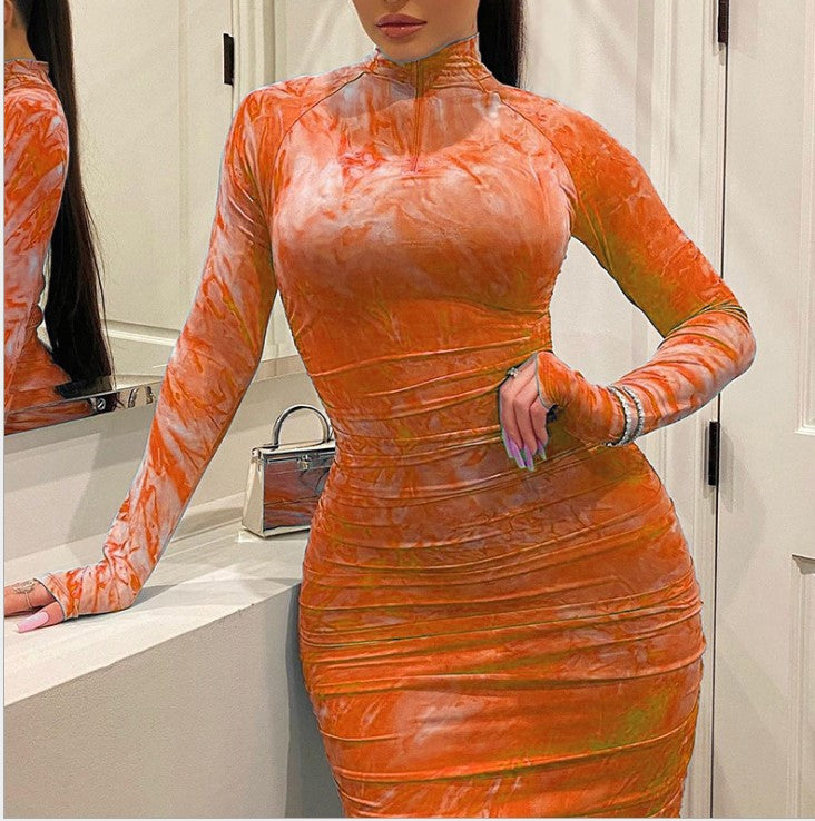 Tie-Dye Print Ruched Turtleneck Long Sleeve Skinny Bodycon Dress to 5X Plus Size