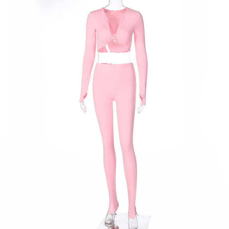 Deep V-Neck Solid Color Long Sleeve Crop Top + Women's Jogger Sweatpants Matching Tracksuit