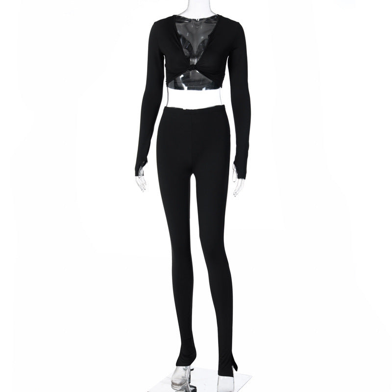 Deep V-Neck Solid Color Long Sleeve Crop Top + Women's Jogger Sweatpants Matching Tracksuit