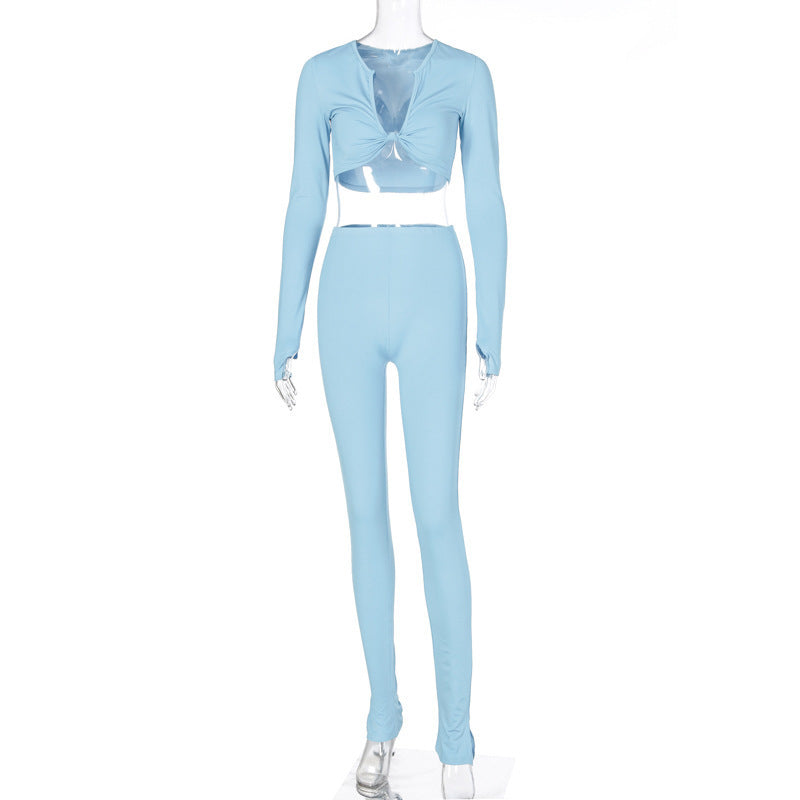 Deep V-Neck Solid Color Long Sleeve Crop Top + Women's Jogger Sweatpants Matching Tracksuit