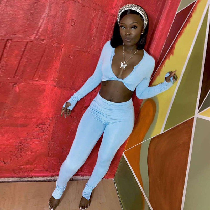 Deep V-Neck Solid Color Long Sleeve Crop Top + Women's Jogger Sweatpants Matching Tracksuit