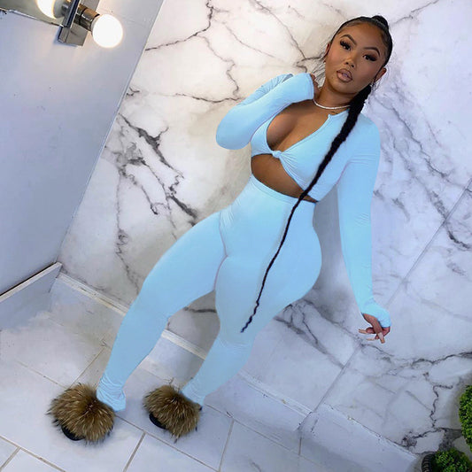 Deep V-Neck Solid Color Long Sleeve Crop Top + Women's Jogger Sweatpants Matching Tracksuit