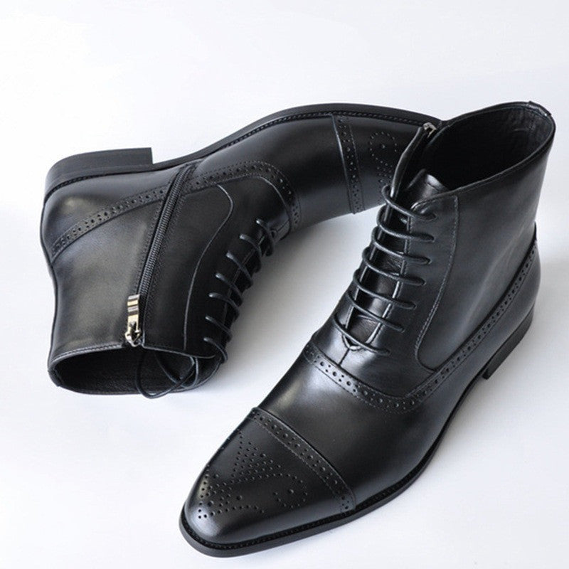 Men's Leather Side Zipper Design Lace-Up Ankle Boots
