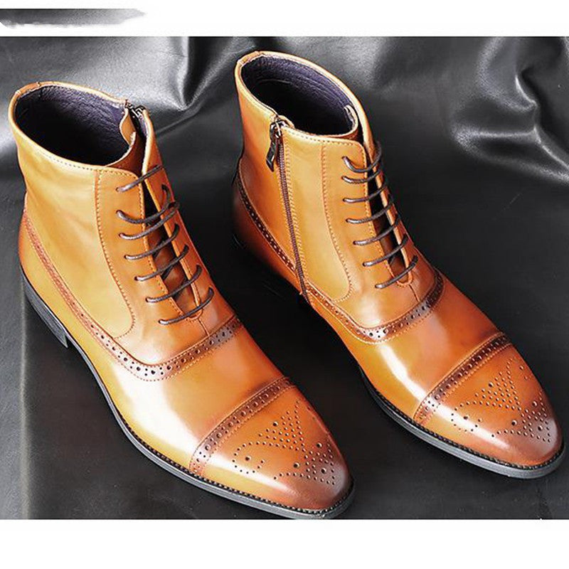 Men's Leather Side Zipper Design Lace-Up Ankle Boots