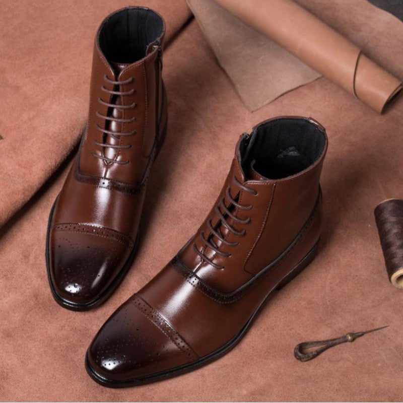 Men's Leather Side Zipper Design Lace-Up Ankle Boots