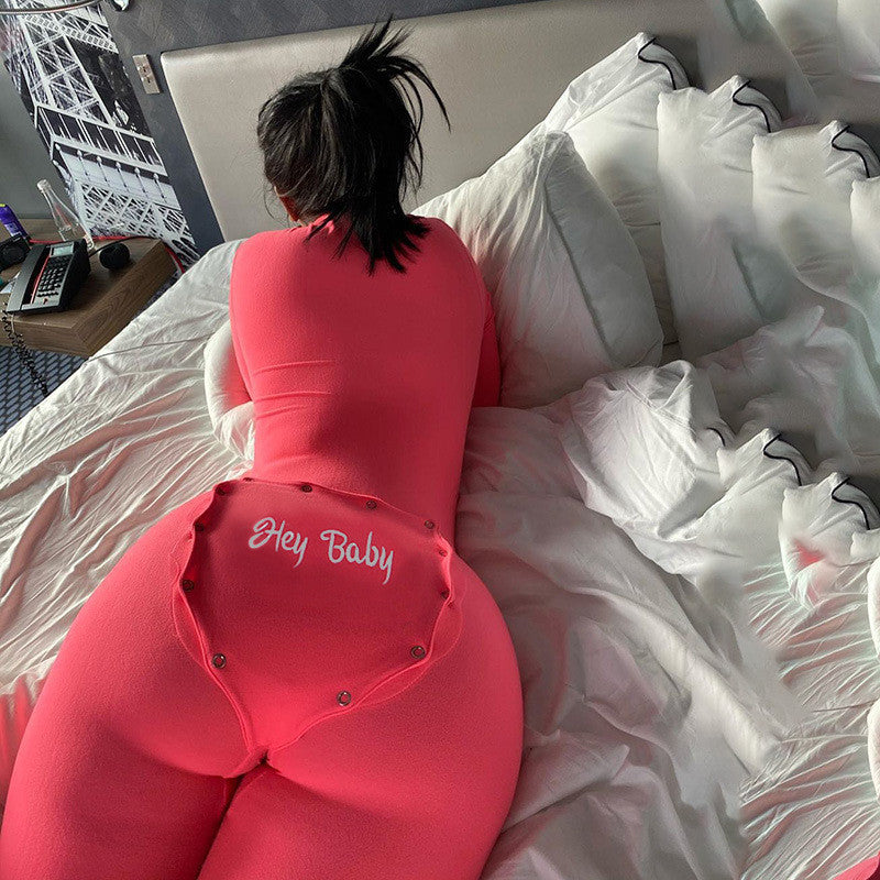 "Hey Baby" Back Print Design Skin Tight Fitness V-Neck Solid Color Button-Up Women's Long Sleeve Jumpsuit