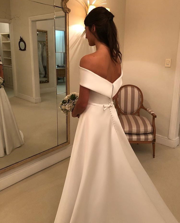 Satin Vintage A-Line Off-the-Shoulder Sweep Train Zipper Back Wedding Bridal Gown