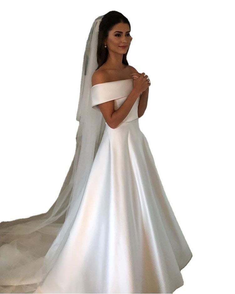 Satin Vintage A-Line Off-the-Shoulder Sweep Train Zipper Back Wedding Bridal Gown