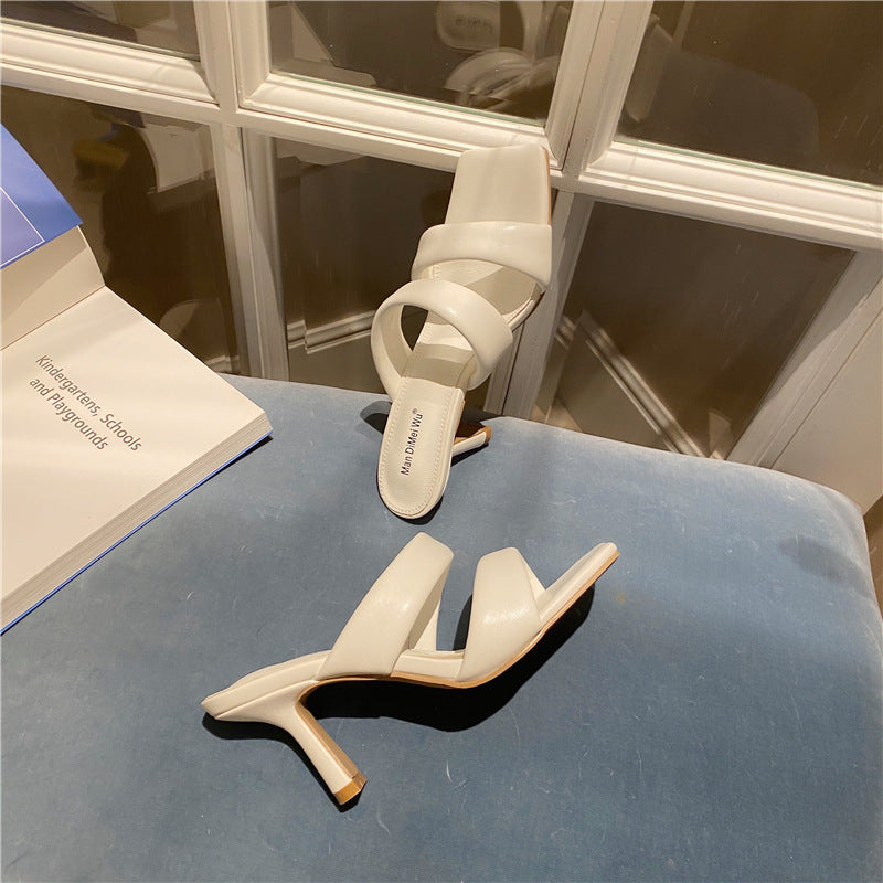 Cross Border Double Strap Women's PU Leather High Heel Open Toe Sandals