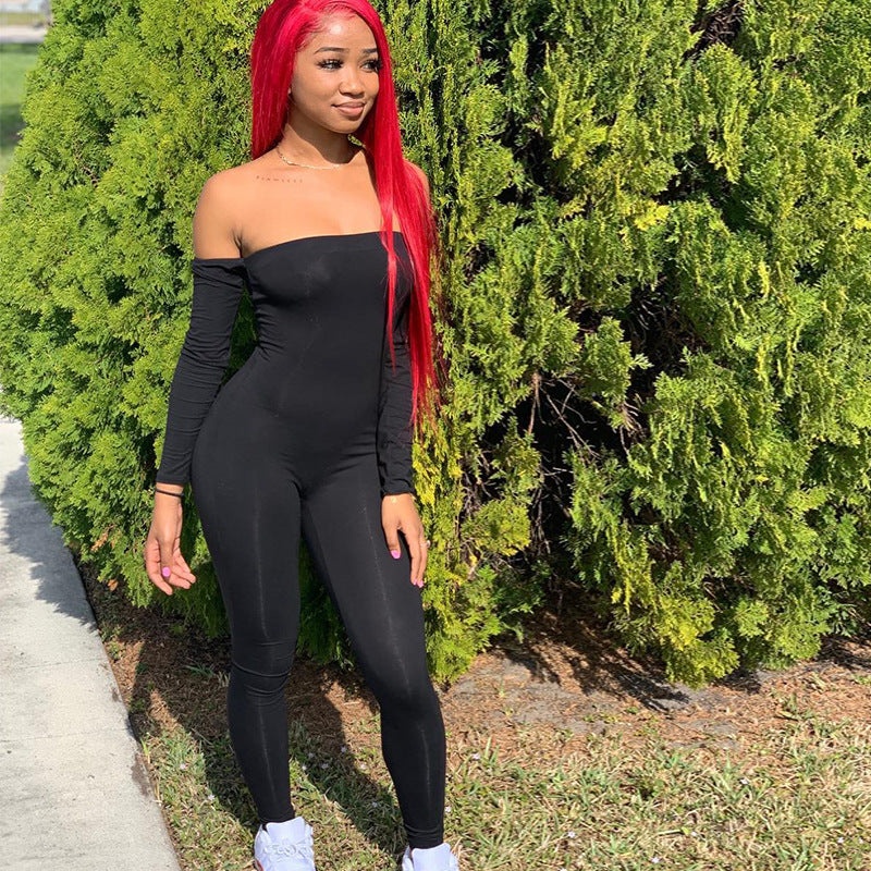 Off-the-Shoulder Long Sleeve Solid Color Skinny Fit Casual Jumpsuit