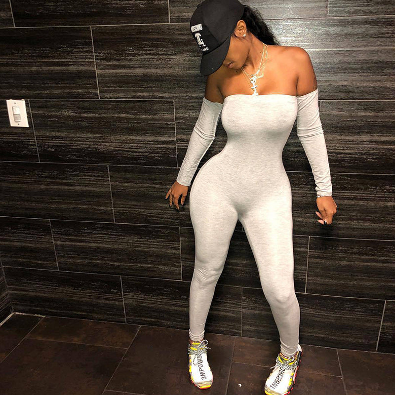 Off-the-Shoulder Long Sleeve Solid Color Skinny Fit Casual Jumpsuit