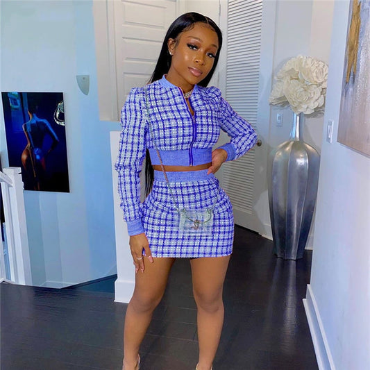 Plaid Print Threaded Long Sleeve Women's O-Neck Bomber Jacket + Mini Skirt 2-Piece Set