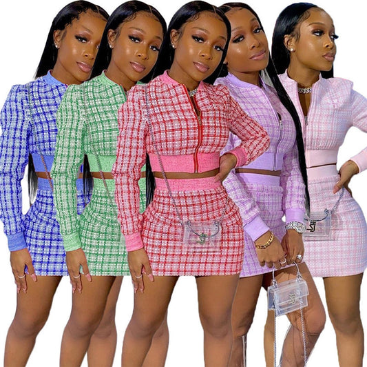 Plaid Print Threaded Long Sleeve Women's O-Neck Bomber Jacket + Mini Skirt 2-Piece Set