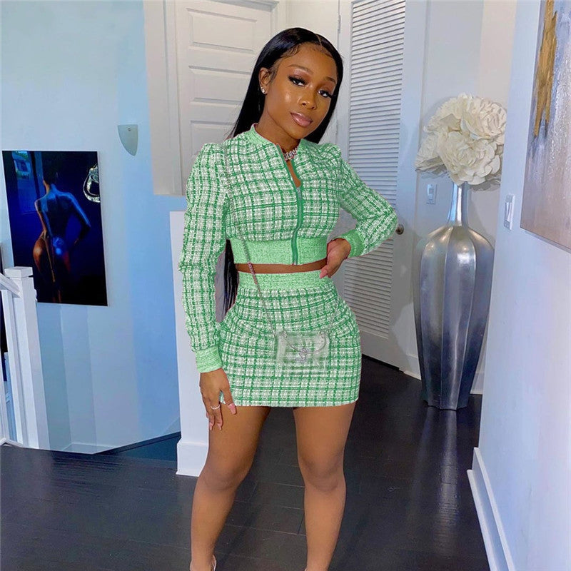 Plaid Print Threaded Long Sleeve Women's O-Neck Bomber Jacket + Mini Skirt 2-Piece Set