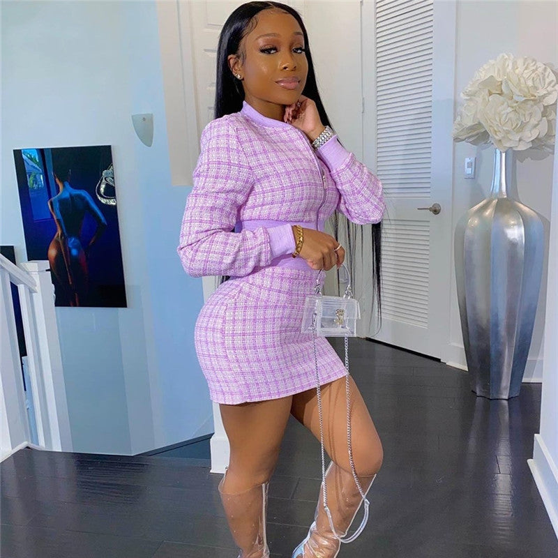 Plaid Print Threaded Long Sleeve Women's O-Neck Bomber Jacket + Mini Skirt 2-Piece Set