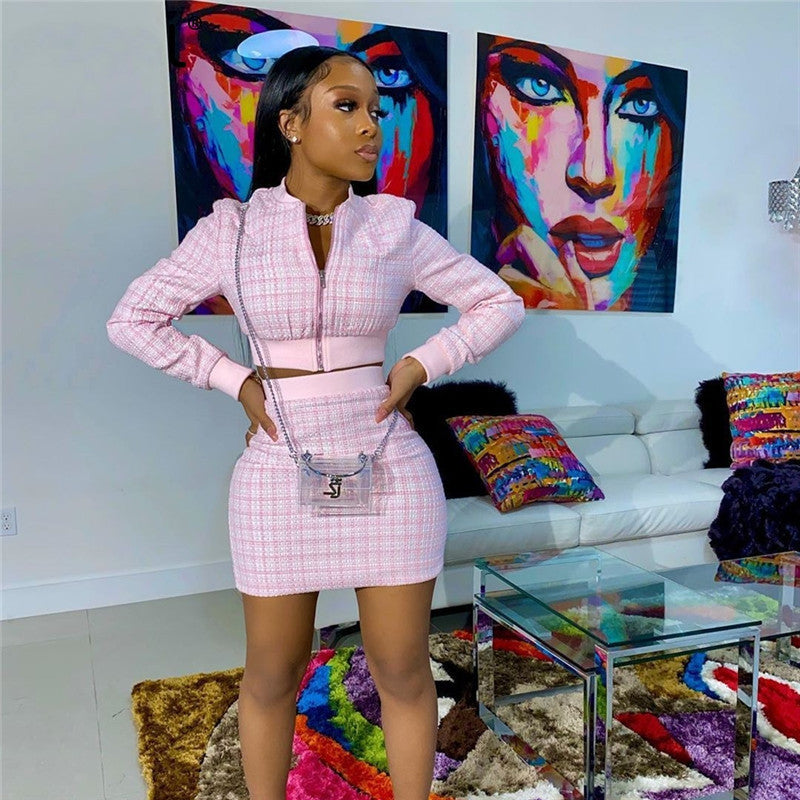 Plaid Print Threaded Long Sleeve Women's O-Neck Bomber Jacket + Mini Skirt 2-Piece Set