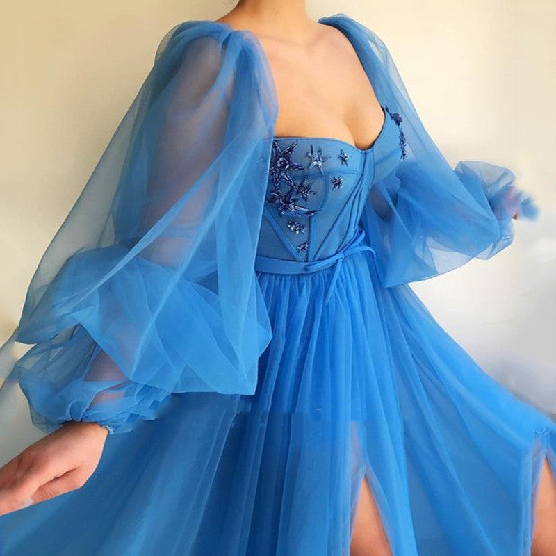 Oversized Mesh Sheer Transparent Over-the-Knee Long Sleeve Big Swing High Slit Maxi Dress