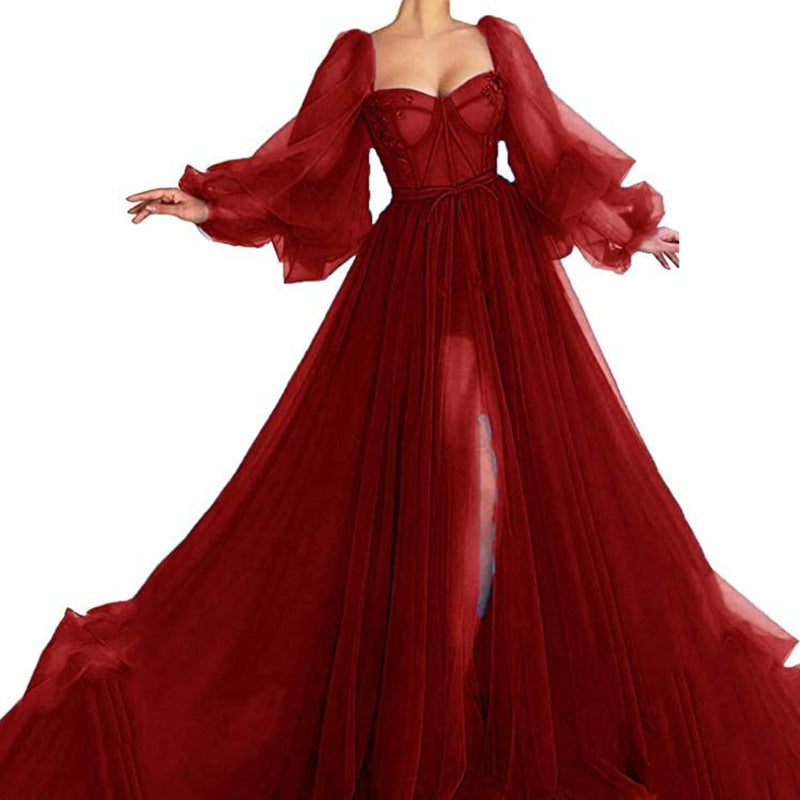 Oversized Mesh Sheer Transparent Over-the-Knee Long Sleeve Big Swing High Slit Maxi Dress