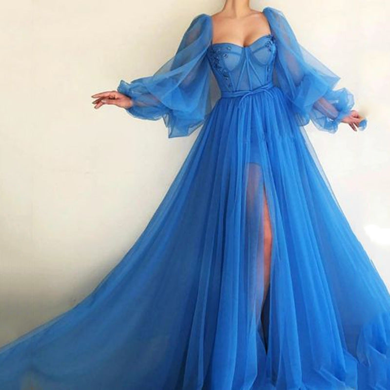 Oversized Mesh Sheer Transparent Over-the-Knee Long Sleeve Big Swing High Slit Maxi Dress