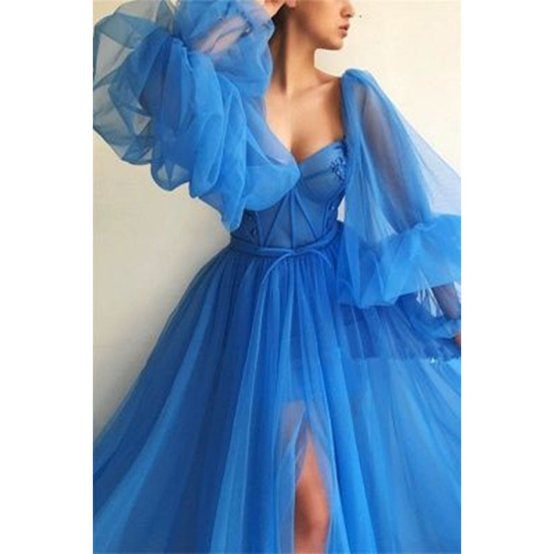 Oversized Mesh Sheer Transparent Over-the-Knee Long Sleeve Big Swing High Slit Maxi Dress