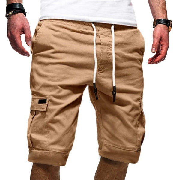 Men's Multi-Pocket Drawstring Solid Color Knee-Length Cargo Sweat Jogger Shorts