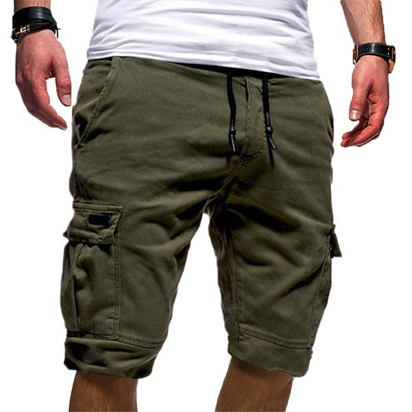Men's Multi-Pocket Drawstring Solid Color Knee-Length Cargo Sweat Jogger Shorts