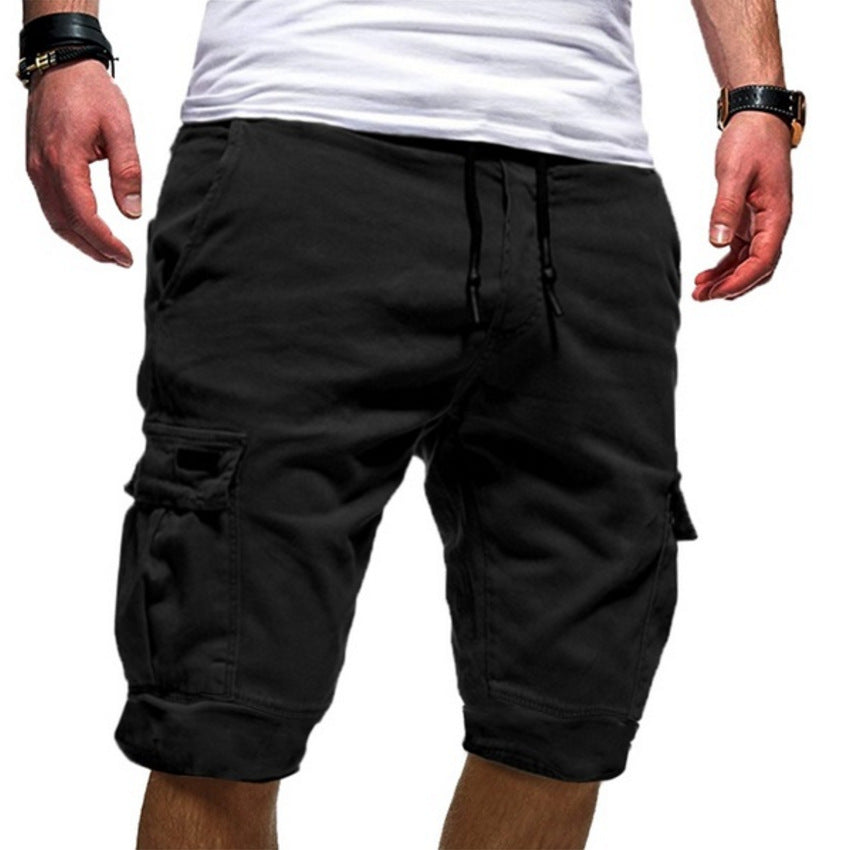 Men's Multi-Pocket Drawstring Solid Color Knee-Length Cargo Sweat Jogger Shorts
