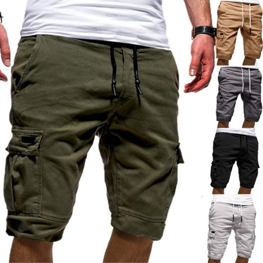 Men's Multi-Pocket Drawstring Solid Color Knee-Length Cargo Sweat Jogger Shorts