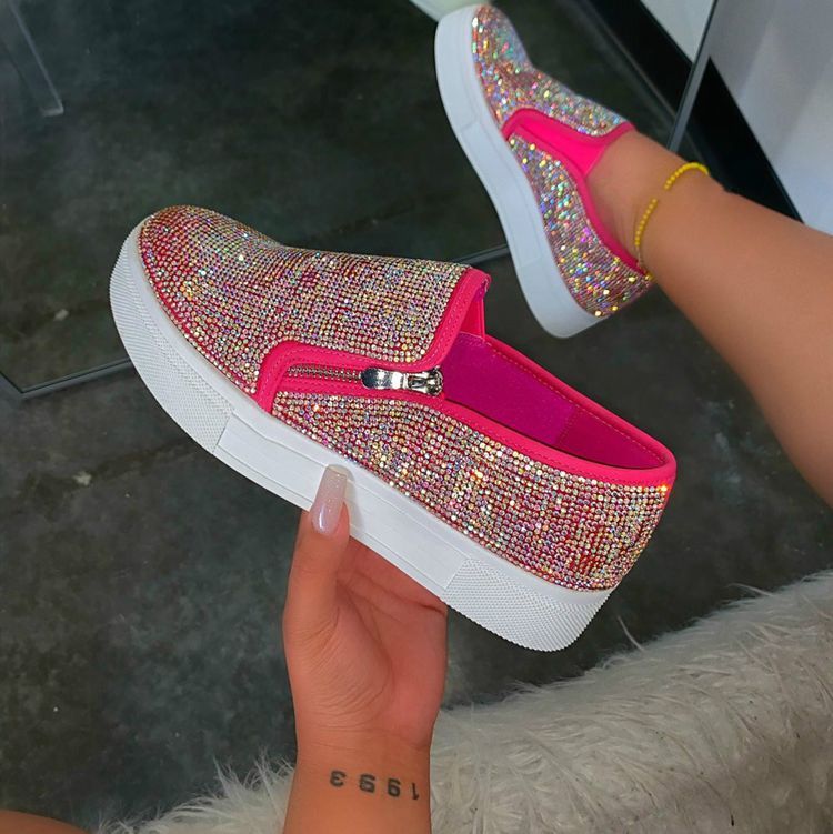 Flat Rhinestone Embellished Side Zipper Casual Slip-On Women's Sneakers