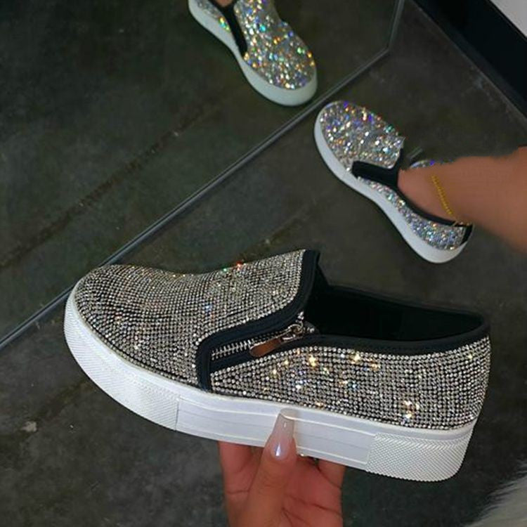 Flat Rhinestone Embellished Side Zipper Casual Slip-On Women's Sneakers