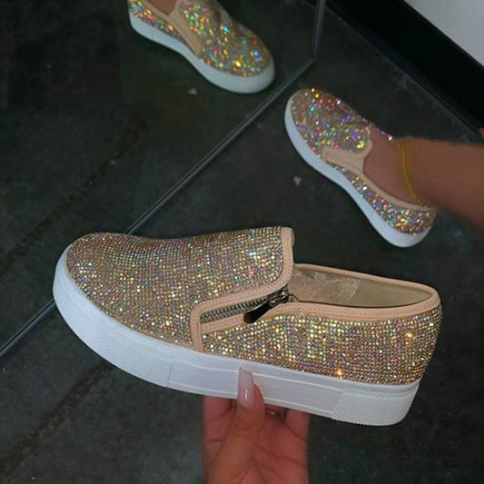 Flat Rhinestone Embellished Side Zipper Casual Slip-On Women's Sneakers