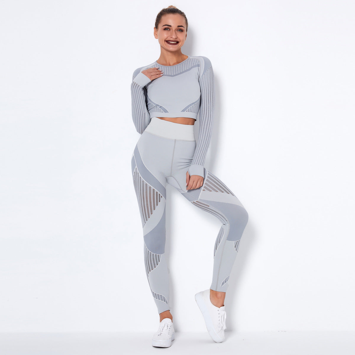 Seamless Knitted Absorbent Long Sleeve Yoga Crop Top + Workout Gym Leggings 2-Piece Set