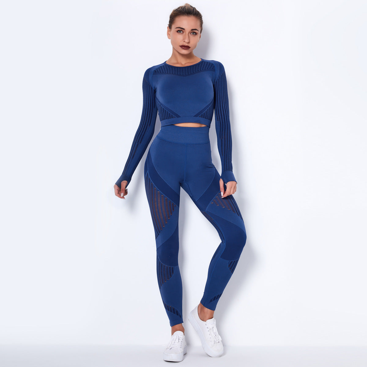 Seamless Knitted Absorbent Long Sleeve Yoga Crop Top + Workout Gym Leggings 2-Piece Set