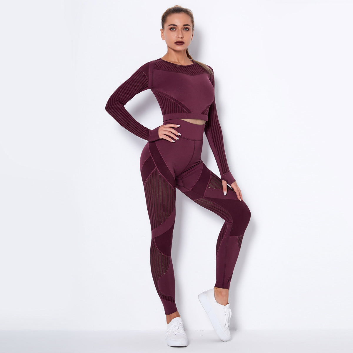 Seamless Knitted Absorbent Long Sleeve Yoga Crop Top + Workout Gym Leggings 2-Piece Set