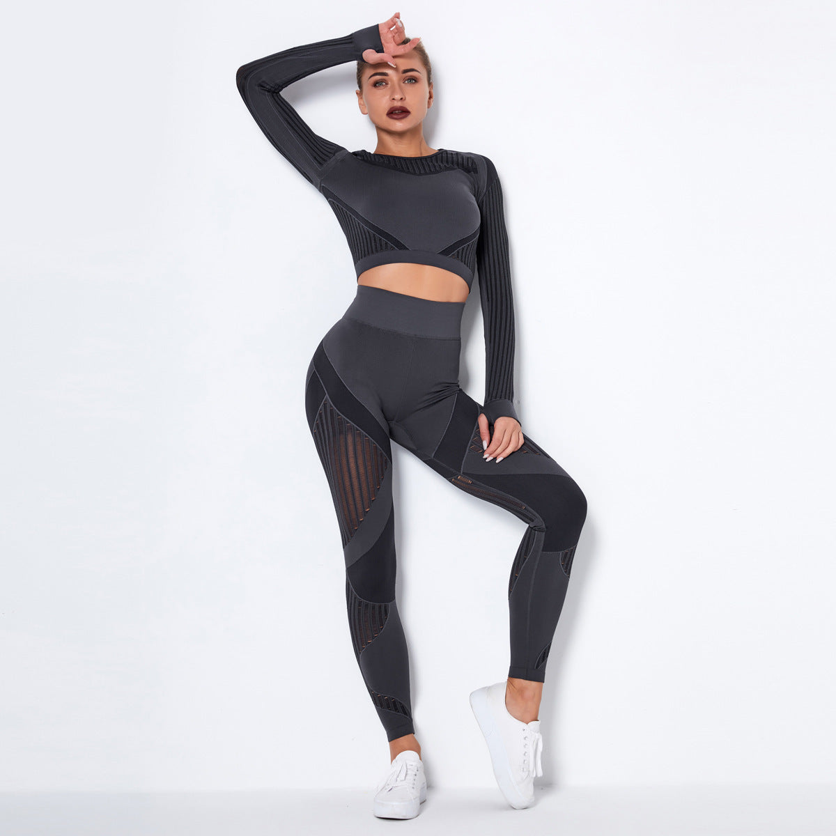 Seamless Knitted Absorbent Long Sleeve Yoga Crop Top + Workout Gym Leggings 2-Piece Set