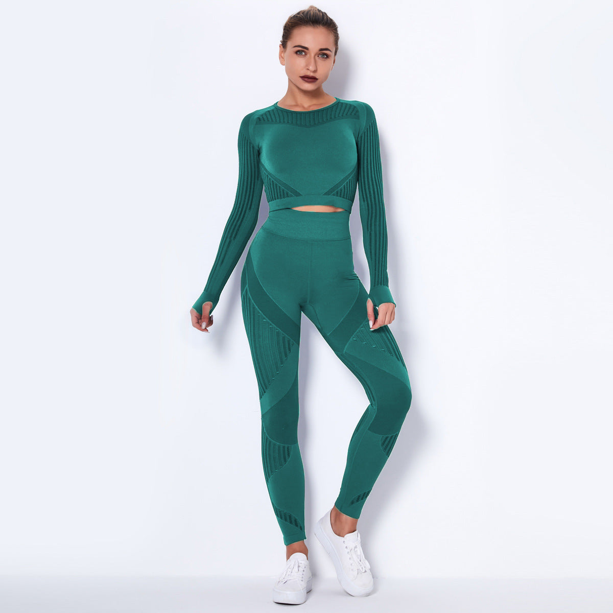 Seamless Knitted Absorbent Long Sleeve Yoga Crop Top + Workout Gym Leggings 2-Piece Set