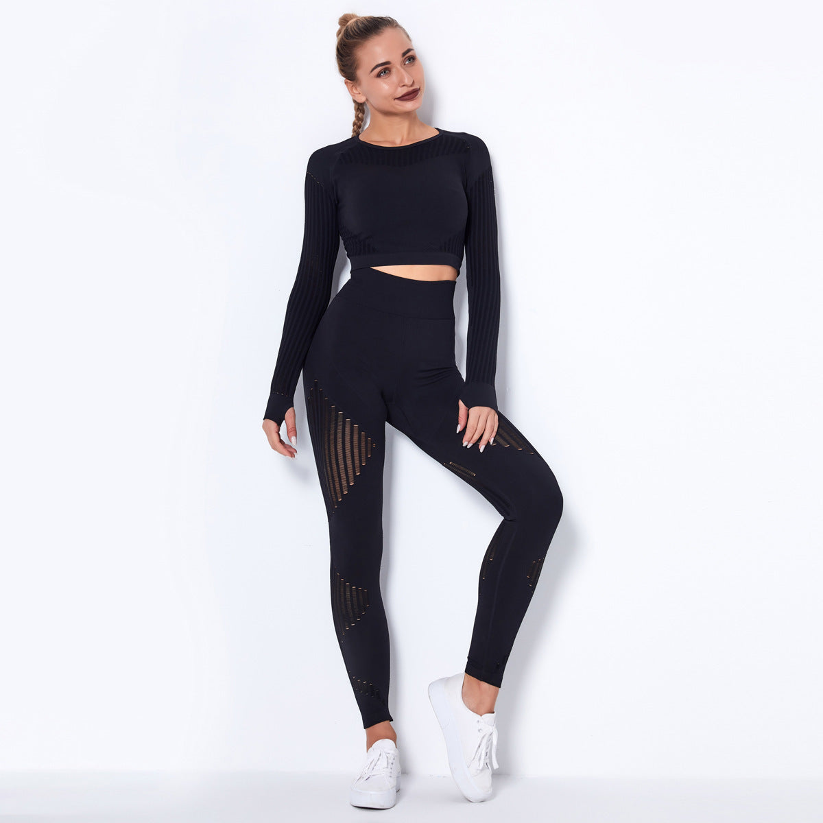 Seamless Knitted Absorbent Long Sleeve Yoga Crop Top + Workout Gym Leggings 2-Piece Set