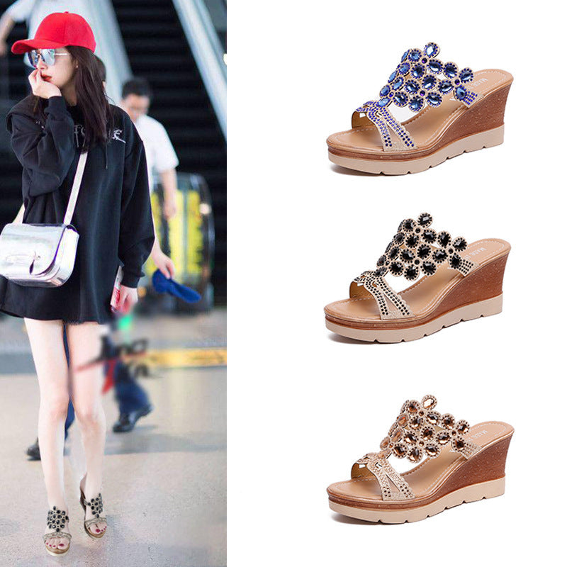 Rhinestone Open Toe Women's Platform Wedge Sandals