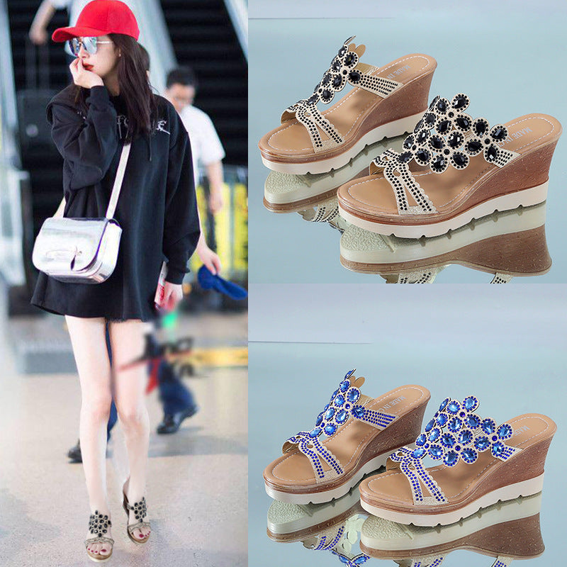 Rhinestone Open Toe Women's Platform Wedge Sandals