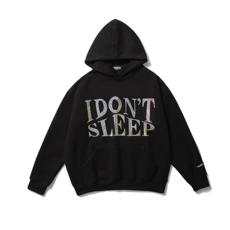 Men's Rhinestone "I DON'T SLEEP" Hip-Hop Loose Fleece Hoodie Sweatshirt