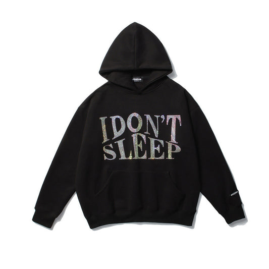 Men's Rhinestone "I DON'T SLEEP" Hip-Hop Loose Fleece Hoodie Sweatshirt