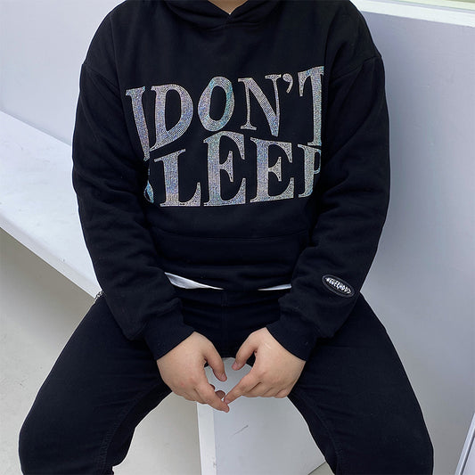 Men's Rhinestone "I DON'T SLEEP" Hip-Hop Loose Fleece Hoodie Sweatshirt