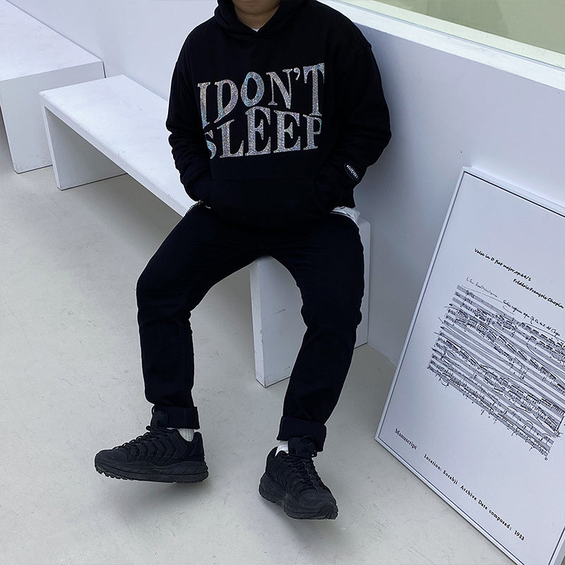 Men's Rhinestone "I DON'T SLEEP" Hip-Hop Loose Fleece Hoodie Sweatshirt