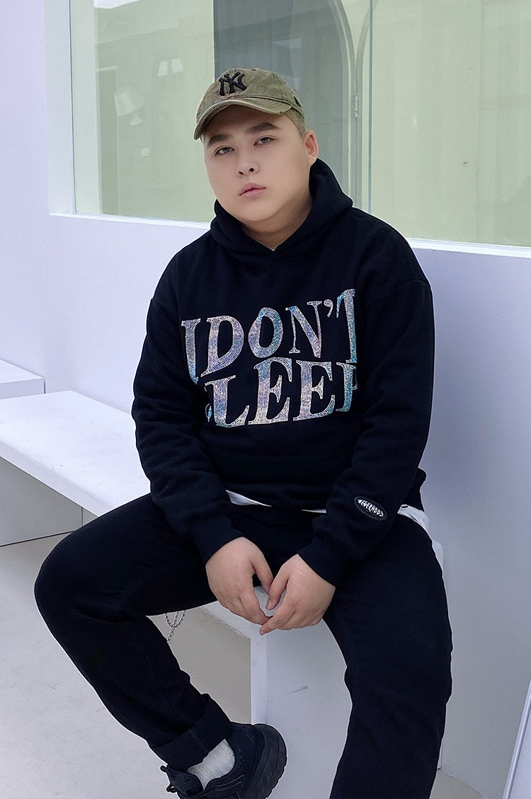 Men's Rhinestone "I DON'T SLEEP" Hip-Hop Loose Fleece Hoodie Sweatshirt