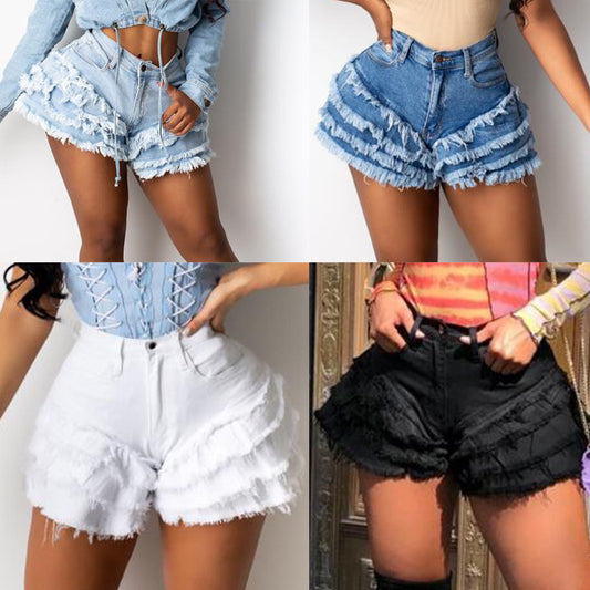 Denim Ruffled Tassel Frayed Women's Tiered Fringe Design Mini Jean Shorts to 3X Plus Size