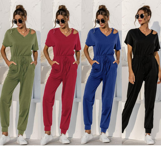 Off-the-Shoulder Women's Short Sleeve Solid Color Elastic Waist V-Neck Jumpsuit