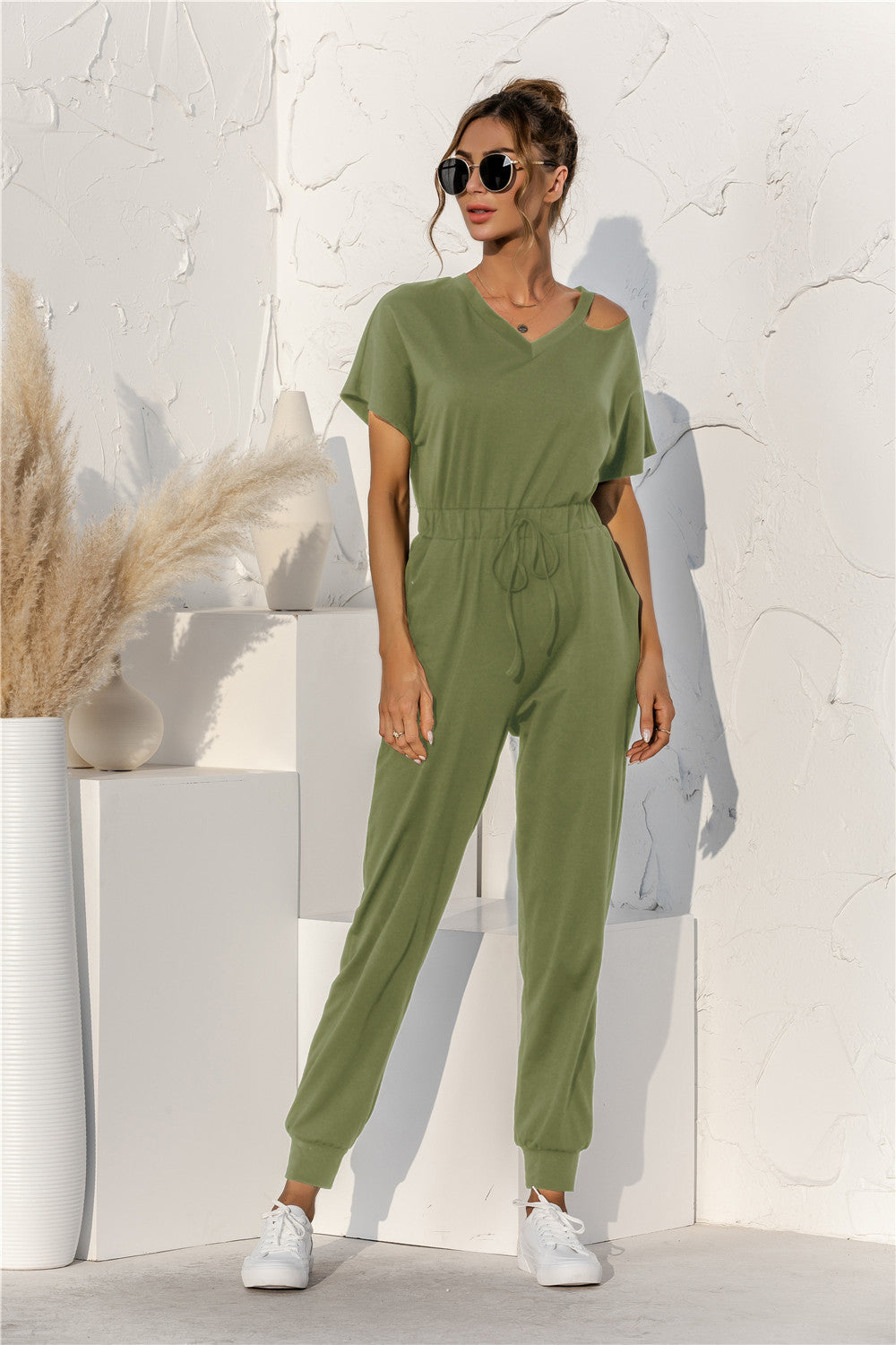 Off-the-Shoulder Women's Short Sleeve Solid Color Elastic Waist V-Neck Jumpsuit