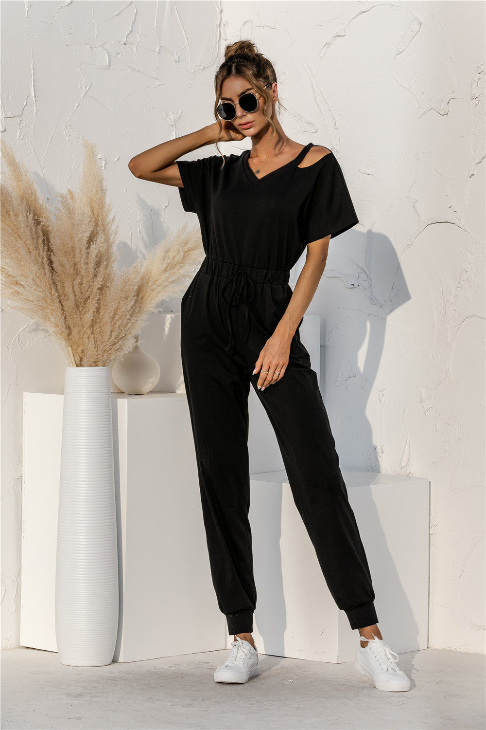 Off-the-Shoulder Women's Short Sleeve Solid Color Elastic Waist V-Neck Jumpsuit