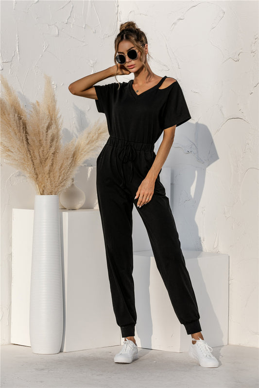 Off-the-Shoulder Women's Short Sleeve Solid Color Elastic Waist V-Neck Jumpsuit