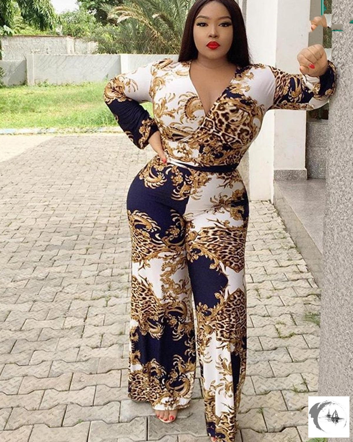 Baroque Print V-Neck Women's Long Sleeve Party Jumpsuit